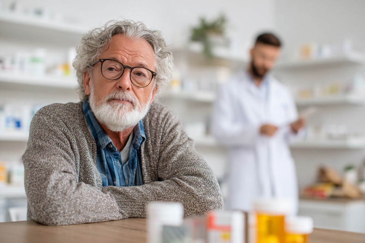 Älterer Mann sitzt in einer Apotheke und schaut nachdenklich.