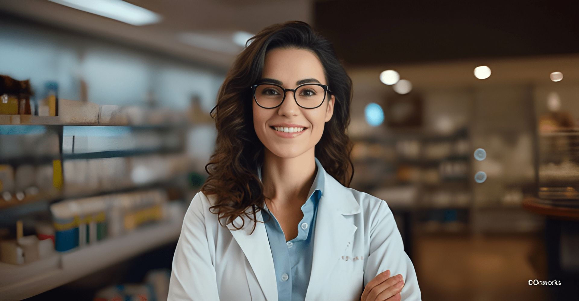 Eine professionelle Frau in einem Laborkittel steht selbstbewusst mit verschränkten Armen vor Regalen mit verschiedenen medizinischen Produkten.