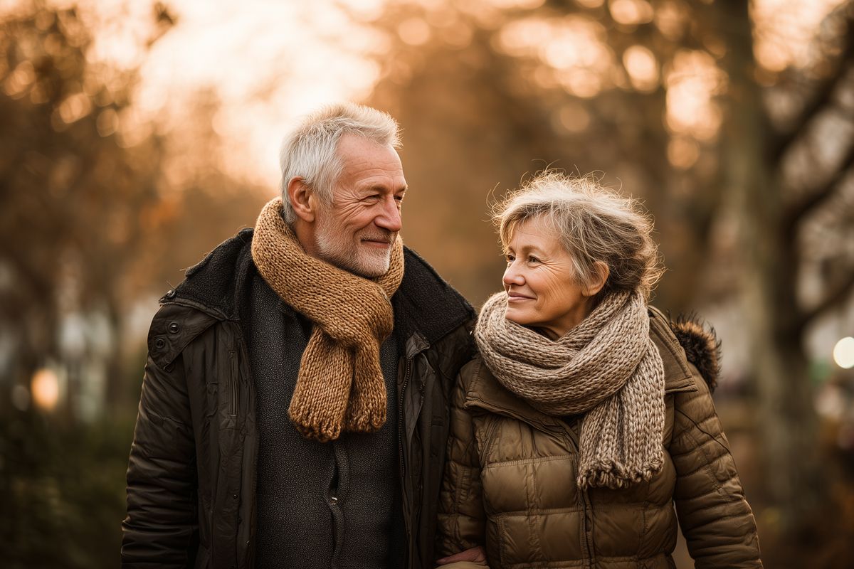 Ein älteres Ehepaar, das sich in der Natur anlächelt und kuschelige Schals trägt.