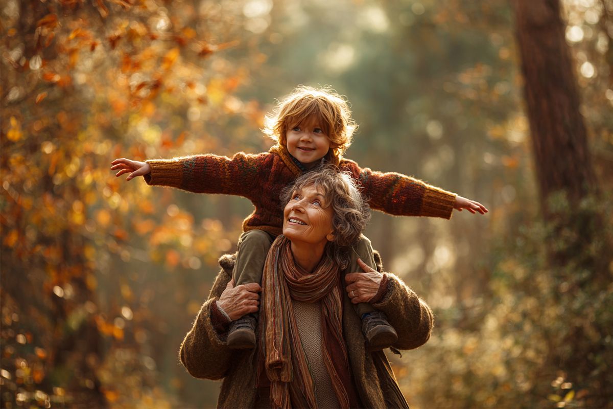 Ein glücklicher Junge mit seiner Großmutter in einer herbstlichen Umgebung.