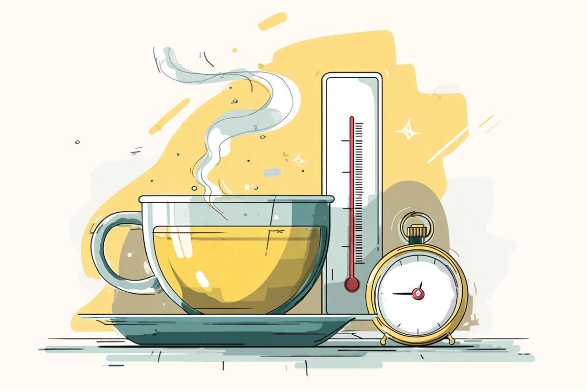 Eine dampfende Tasse Tee mit einem Thermometer und einer Uhr.