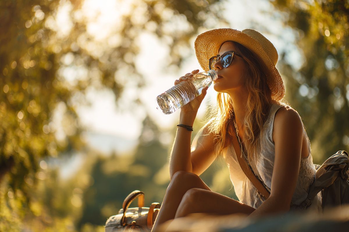 Eine Frau trinkt Wasser aus einer Flasche im Sommer.