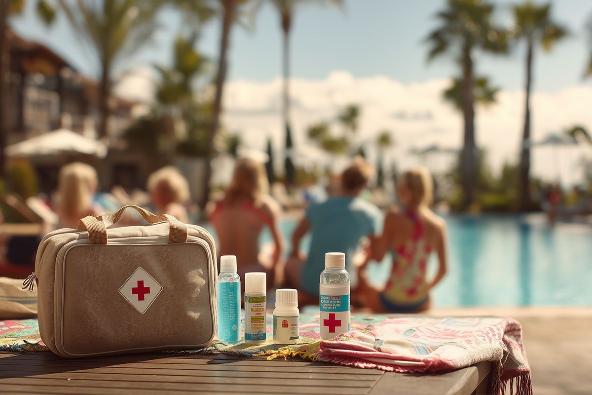 Entspannte Menschen am Pool mit einer Erste-Hilfe-Tasche im Vordergrund.