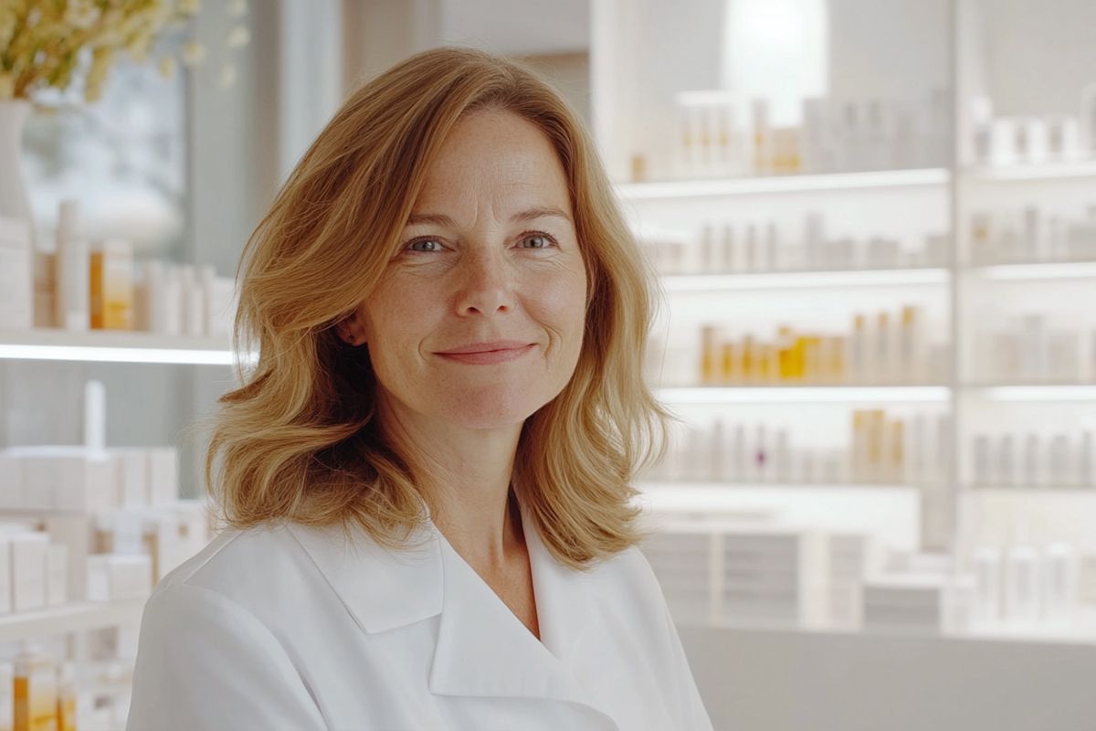 Freundliche Beraterin mit blonden Haaren in einem Schönheitsgeschäft.