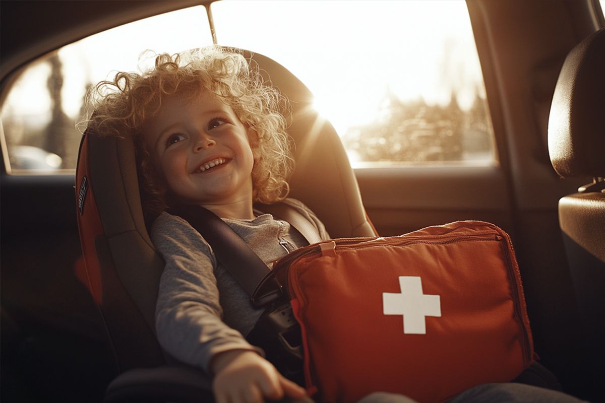 Glückliches Kind im Autositz mit einer roten Erste-Hilfe-Tasche