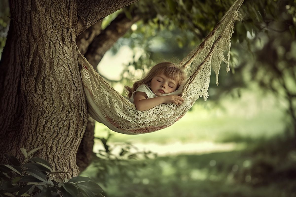 Ein kleines Mädchen schläft friedlich in einer Hängematte, umgeben von Bäumen.