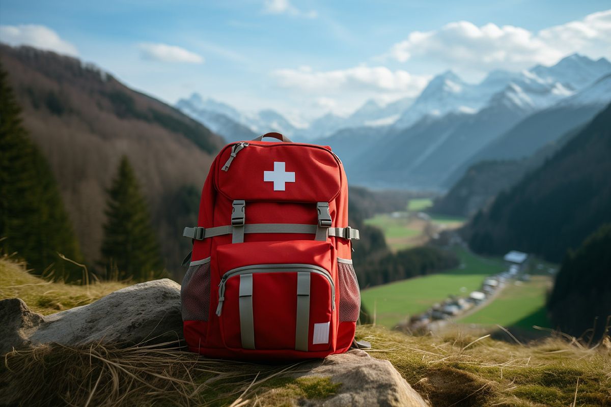 Ein roter Rucksack mit einem weißen Kreuz in den Alpen