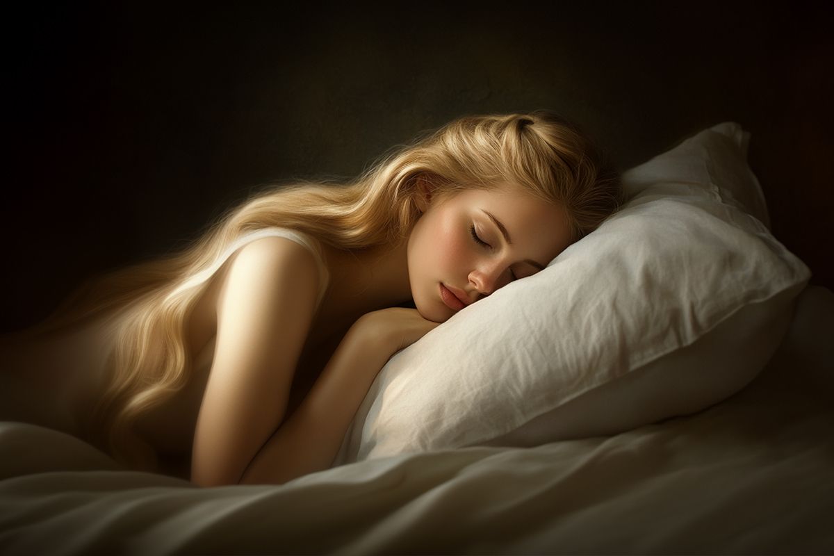 Eine schlafende Frau mit langen blonden Haaren, die auf einem Kissen liegt.