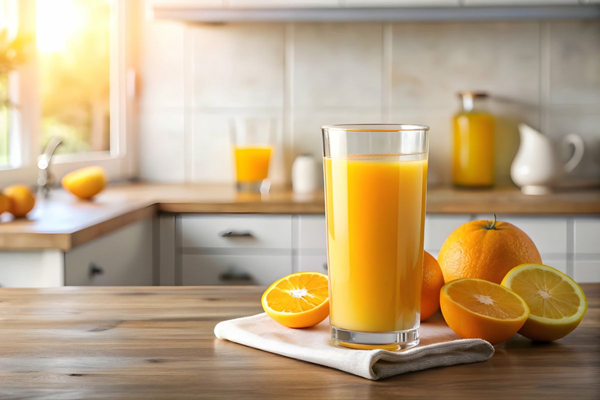 Glas mit frisch gepresstem Orangensaft und frischen Orangen auf einem Holztisch