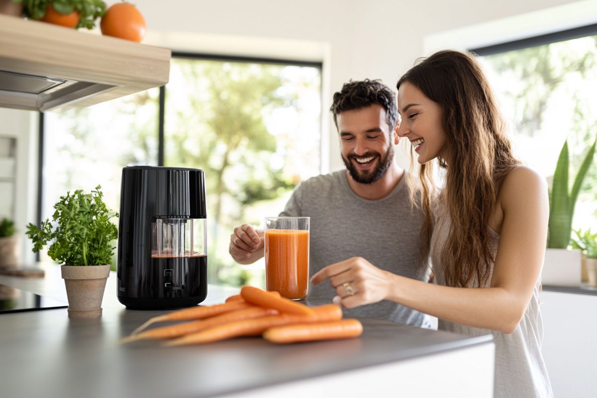 Ein Paar bereitet frisch gepressten Saft mit einem Entsafter in der Küche zu
