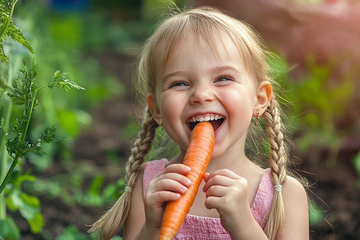 Ein lächelndes Mädchen mit einer Karotte im Garten.