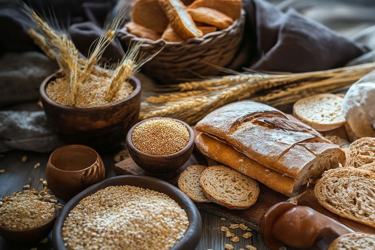 Verschiedene Vollkornprodukte und Getreide in rustikalen Holzschalen auf einem Holztisch arrangiert, inklusive Brot, Weizenkörner und Getreideähren.