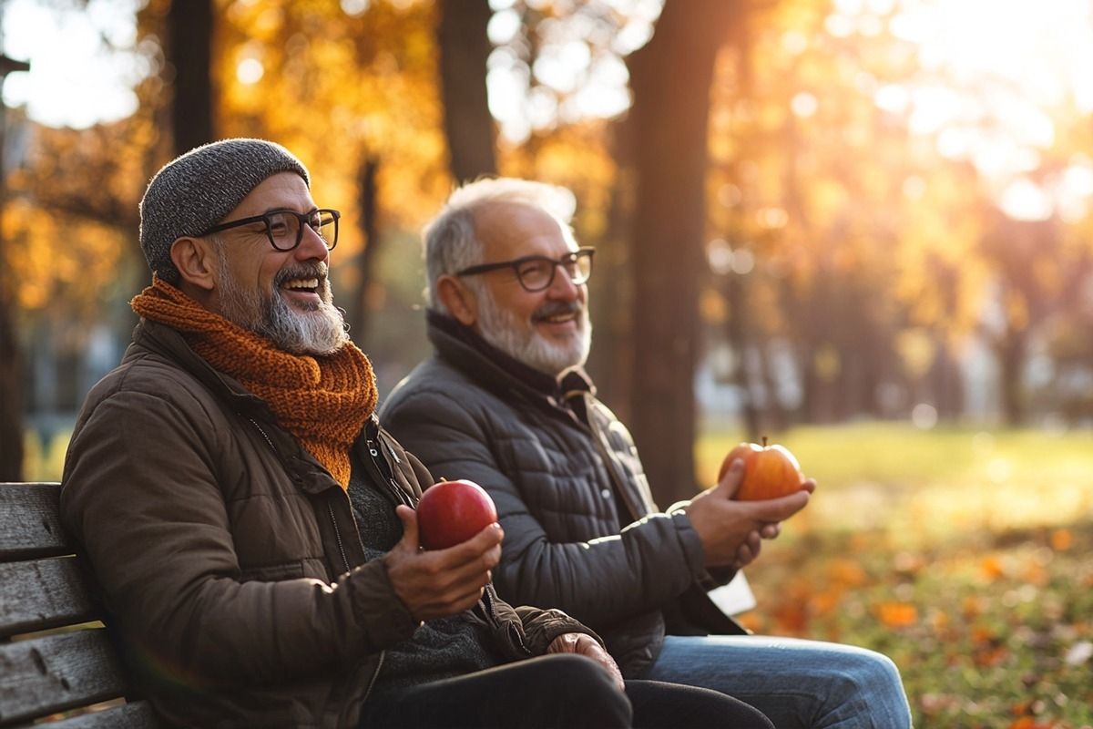 Zwei ältere Männer mit Brille und warmer Kleidung sitzen entspannt auf einer Parkbank im Herbst.