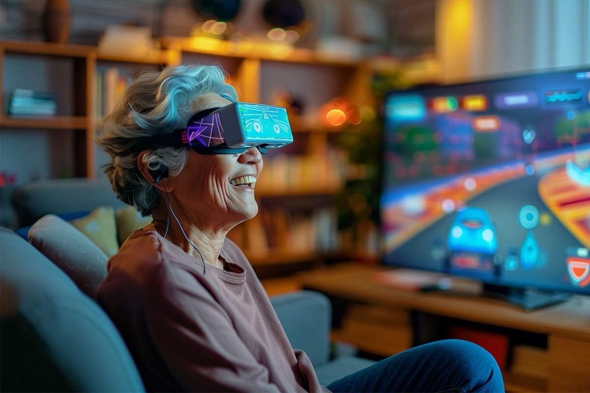 Lächelnde ältere Frau trägt eine VR-Brille und sitzt entspannt in einem modernen Sessel, bunte digitale Lichter im Hintergrund - zeigt Virtual Reality Erlebnis.