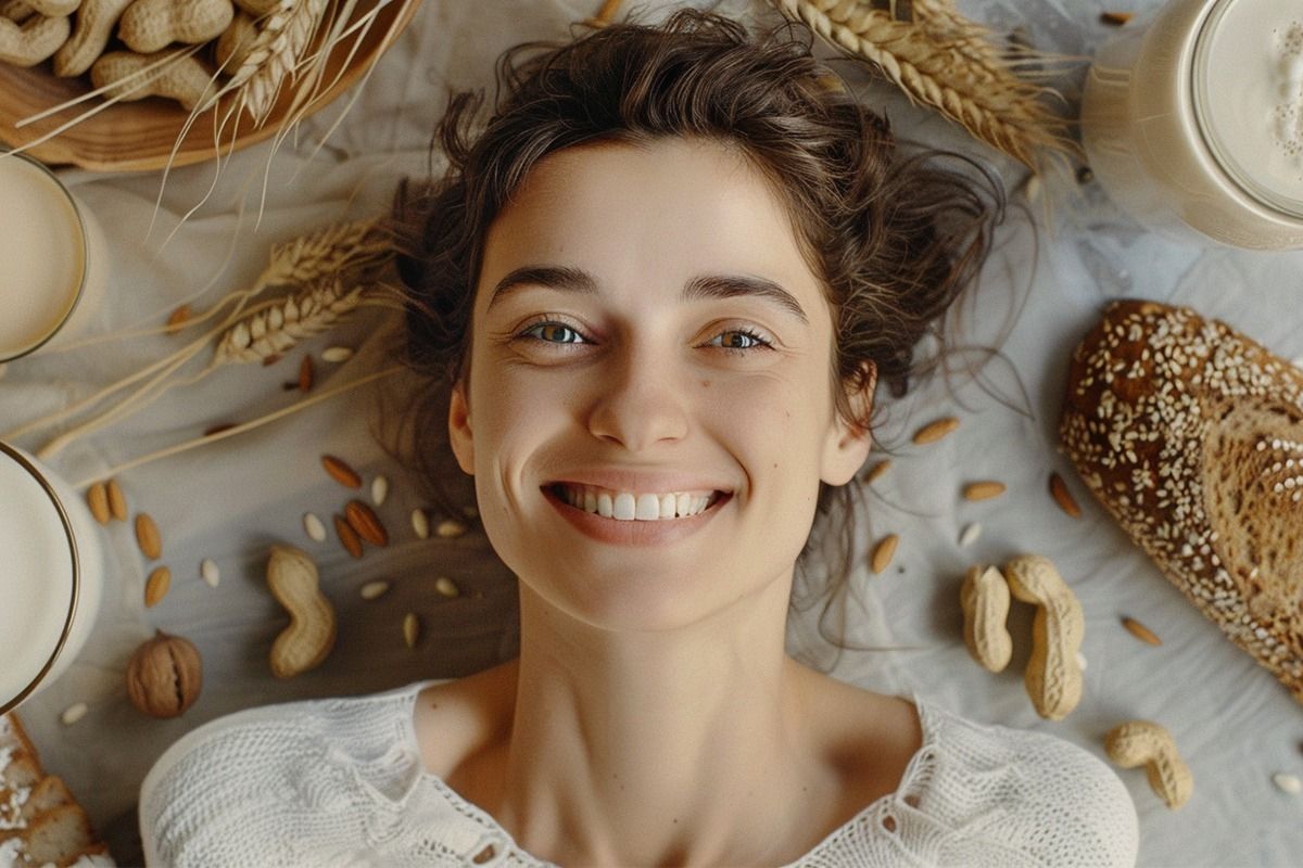 Frau liegt auf einer Decke und lächelt in die Kamera. Sie ist umgeben von verschiedenen Getreide- und Nusssorten.