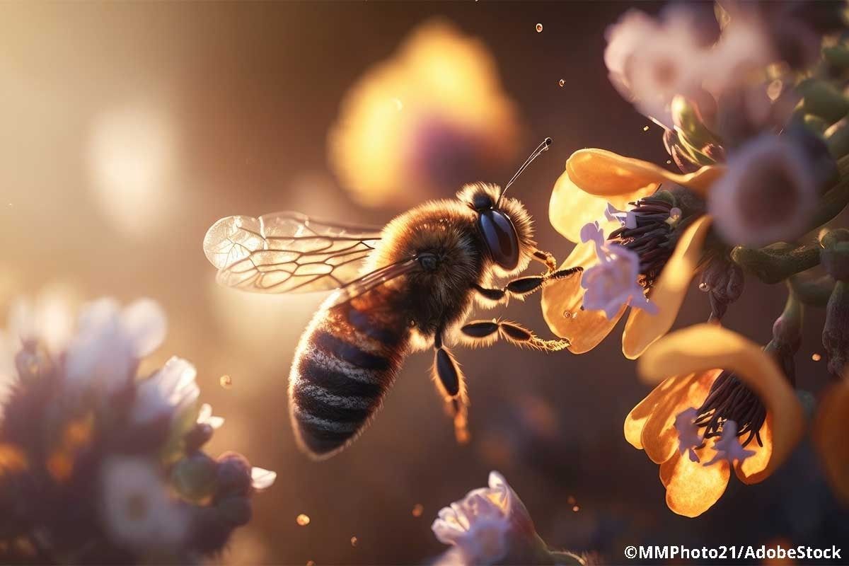 Biene fliegt zu einer Blume.