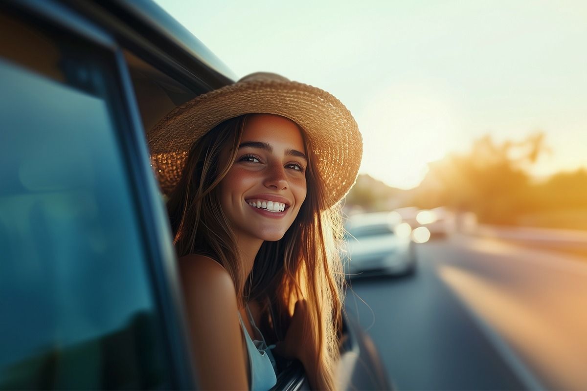 Fröhliche junge Frau mit Strohhut lehnt sich aus einem Autofenster, goldenes Sonnenlicht und Straße im Hintergrund.