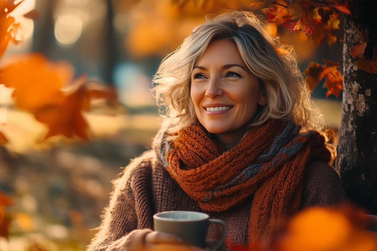 Frau lehnt im Herbst an einen Baum mit einer Tasse Tee