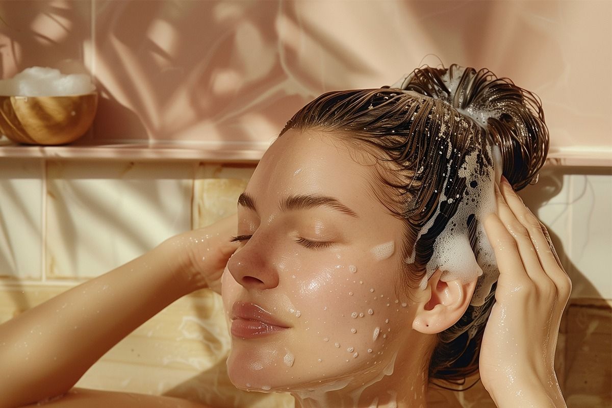 Junge Frau mit geschlossenen Augen wäscht sich die Haare und massiert sich die Kopfhaut.