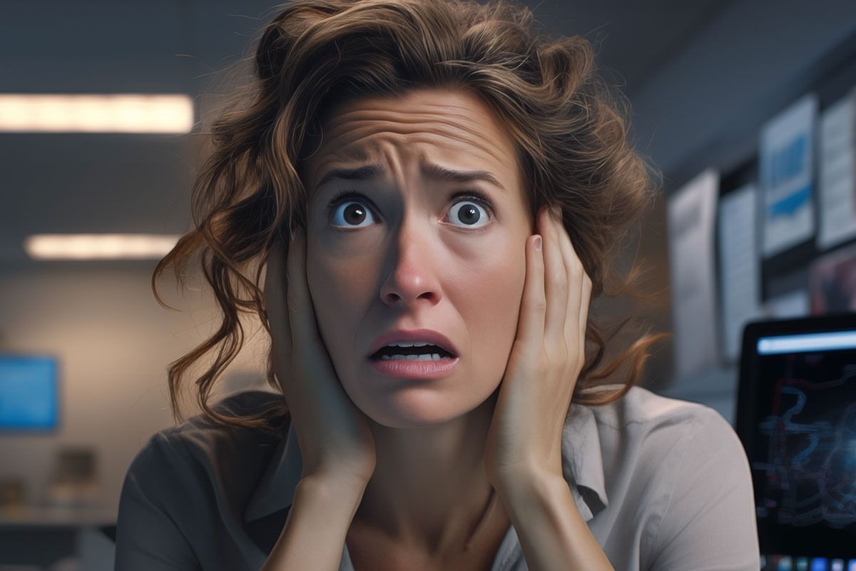 Eine Frau mit einen panischen und gestressten Blick