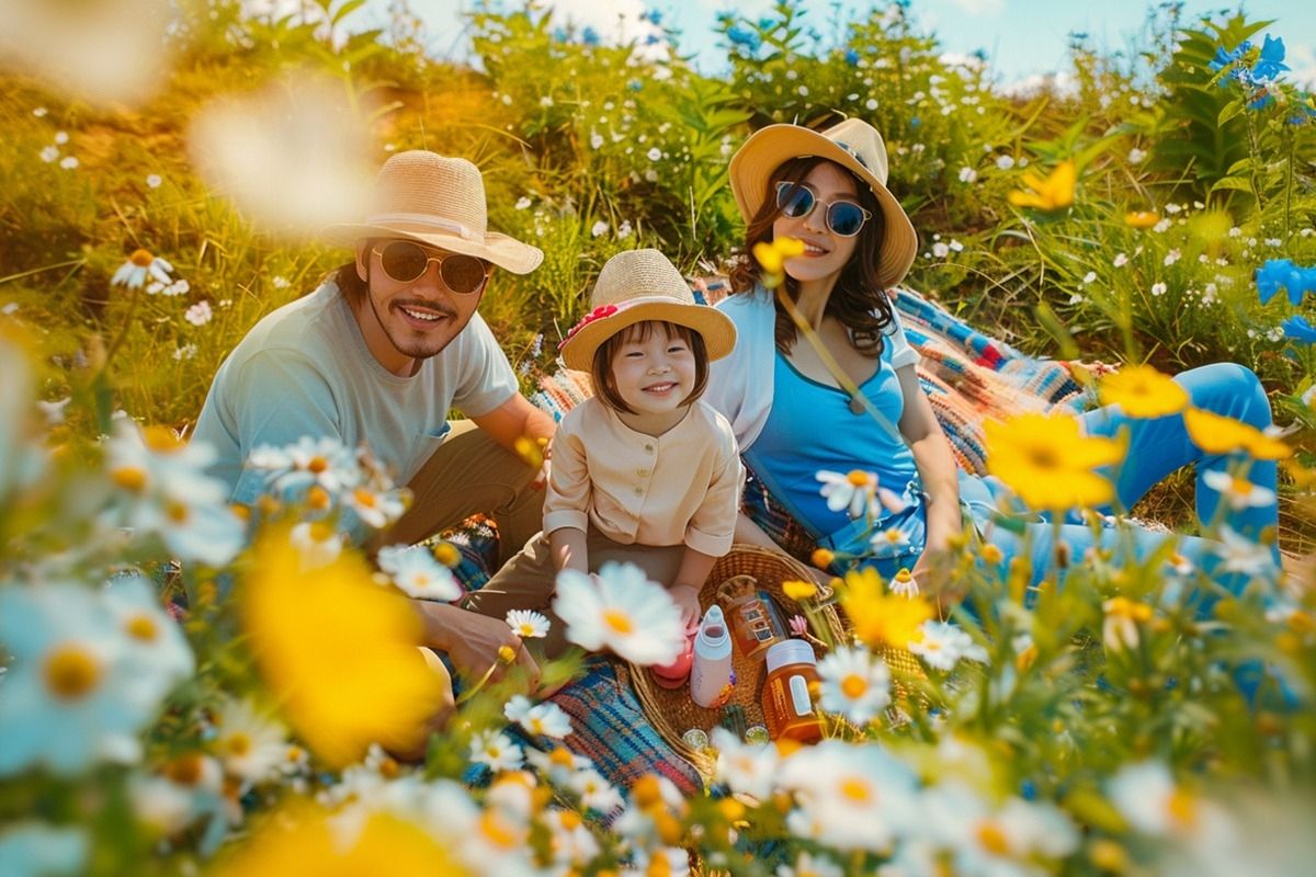 Eine dreiköpfige Familie picknickt auf einer Blumenwiese und lächelt in die Kamera.