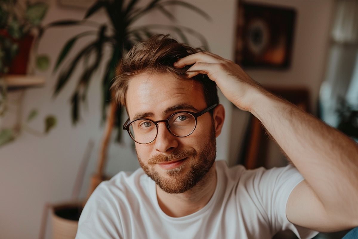 Mann mit einer Brille tastet nach seinen Haaren.