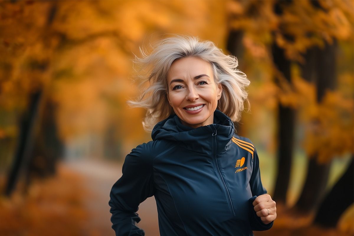 Lächelnde blonde Frau in dunkelblauer Sportjacke beim Joggen im herbstlichen Park mit goldenen Blättern im Hintergrund.