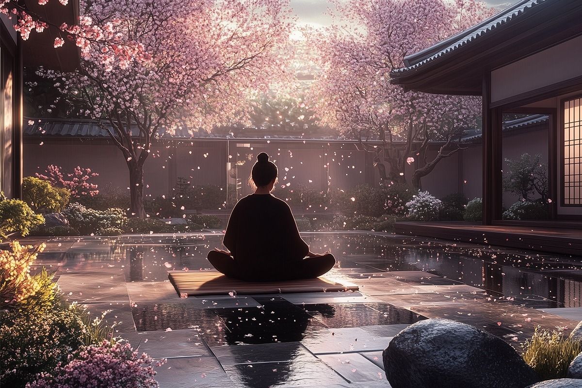 Eine Frau, die meditiert, in einem japanischen Steingarten mit blühenden Kirschbäumen im Hintergrund.