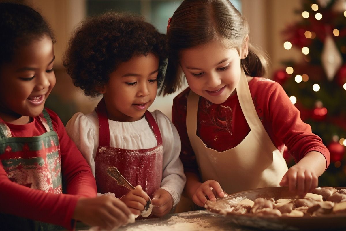 Drei kleine Mädchen backen fröhlich Plätzchen.