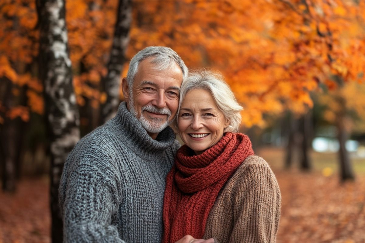 Älteres Pärchen lächelt in die Kamera. Im Hintergrund ist eine Herbstlandschaft zusehen.