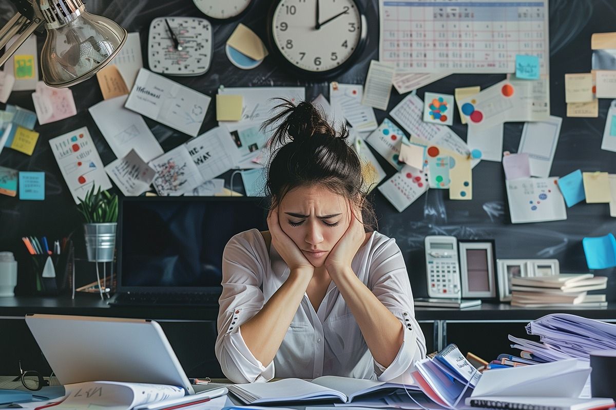 Gestresste Geschäftsfrau stützt ihren Kopf in die Hände am Arbeitsplatz, umgeben von Papieren, Notizen und Büromaterialien.