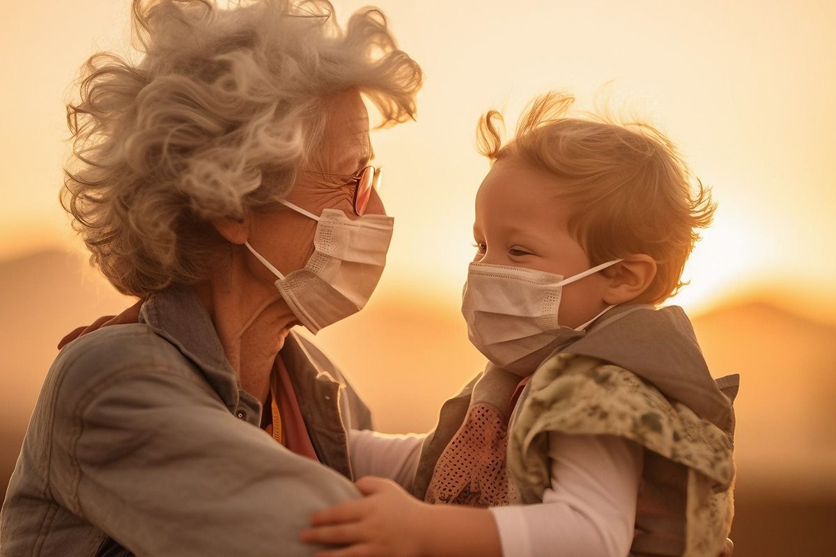 Eine ältere Dame hält ein Kleinkind hoch. Beide haben eine Maske auf.