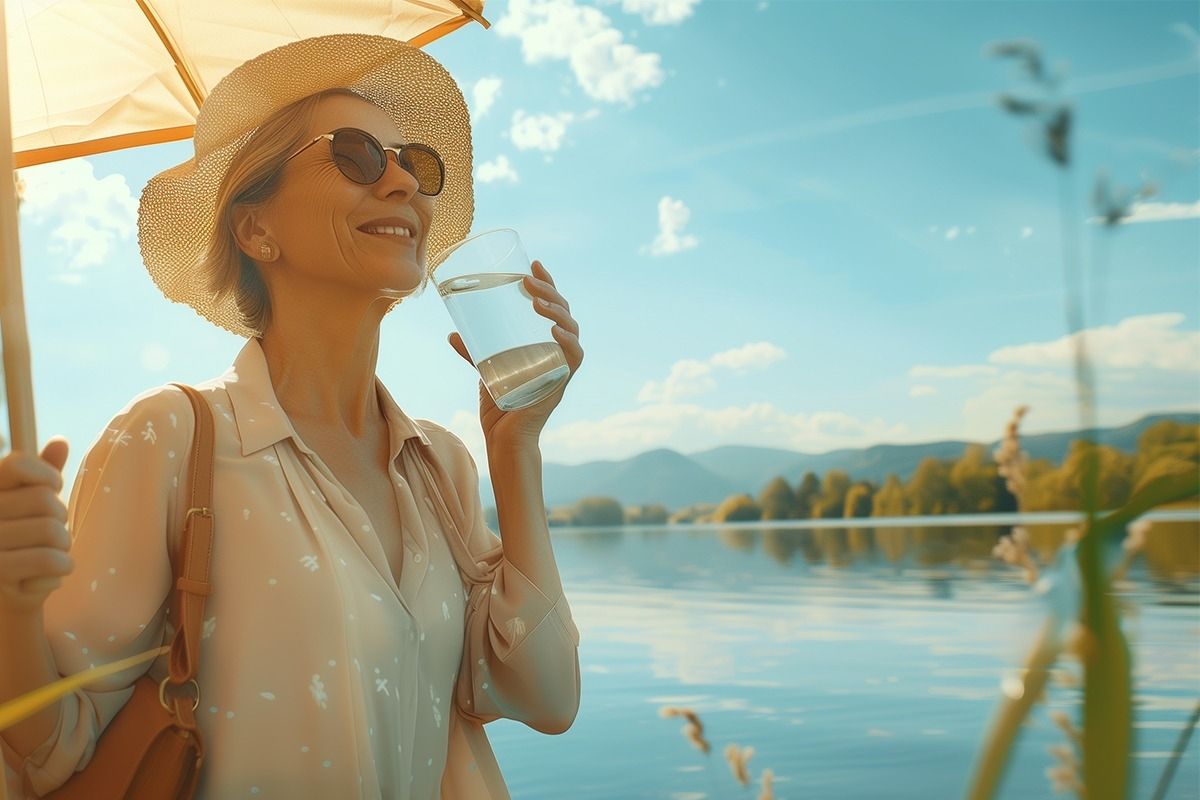 Eine Dame mit Sonnenhut und einem Glas Wasser in der Hand steht vor einem See.