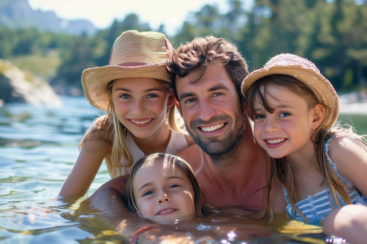 Glückliche vierköpfige Familie mit Strohhüten posiert zusammen am Wasser, Vater, Mutter und zwei Kinder lächeln in die Kamera.