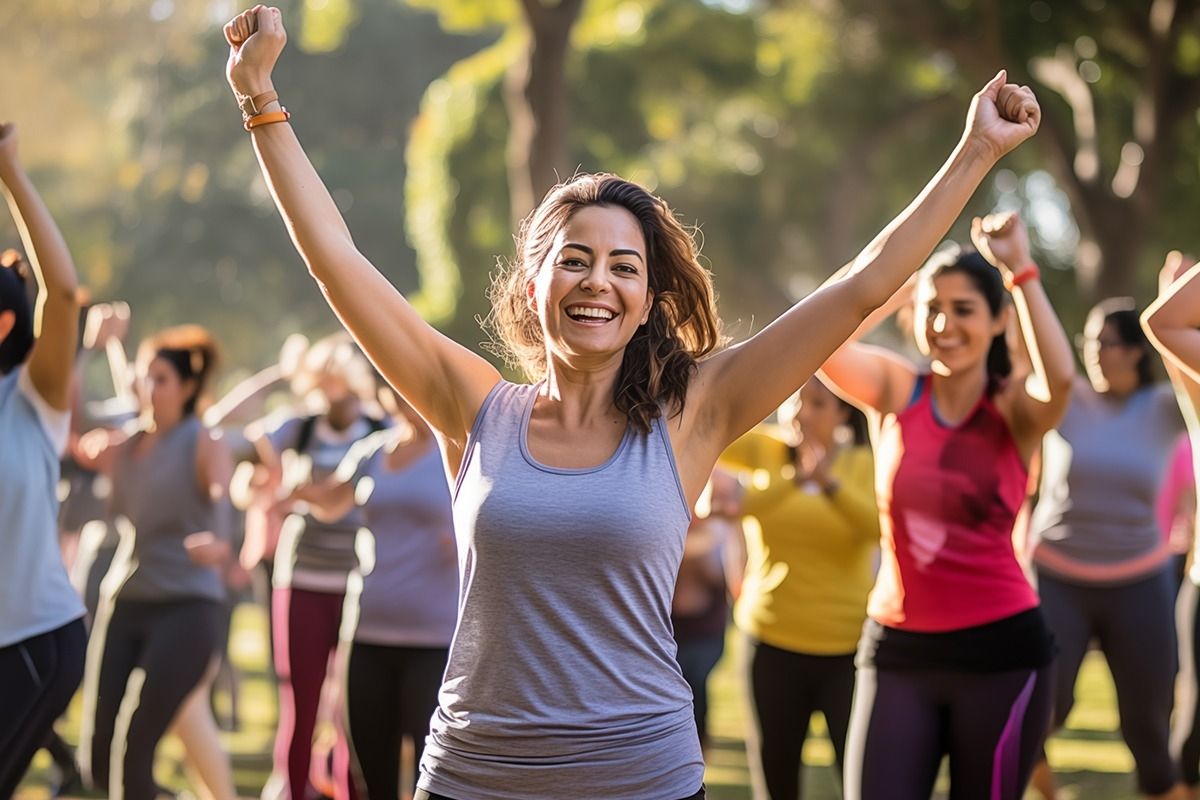 Frau jubelt mit Armen nach oben. Im Hintergrund sind noch mehr jubelnde Menschen.