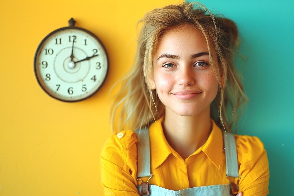 Eine junge Frau in Latzhose steht vor einer gelb-türkisen Wand, an der eine Uhr hängt.