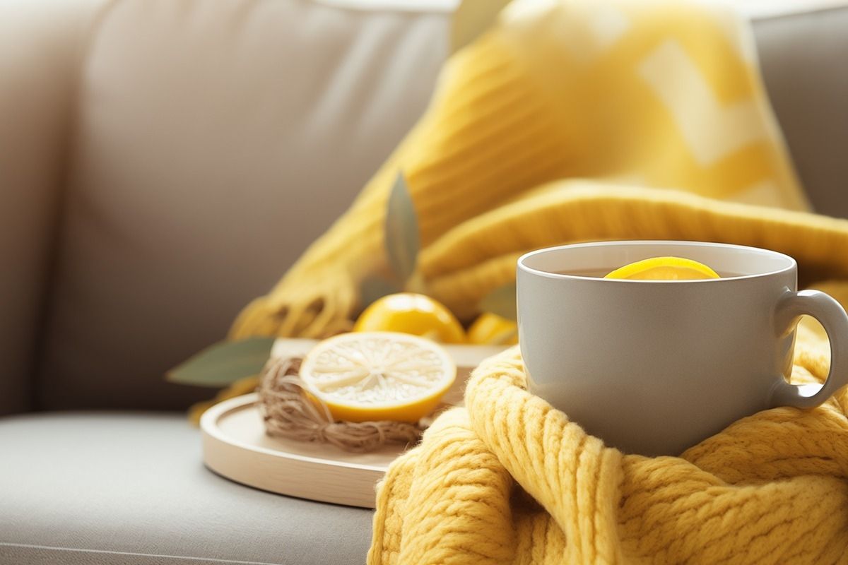 Auf einem Sofa mit einer gelben Decke steht ein Tablett mit einer Tasse und Zitronen drauf.