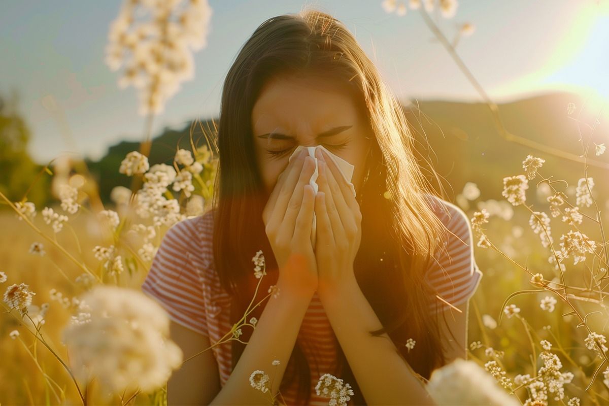 Junge Frau in gestreiftem Shirt niest in ein Taschentuch, umgeben von Blumen in einer Wiese bei goldenem Sonnenlicht.