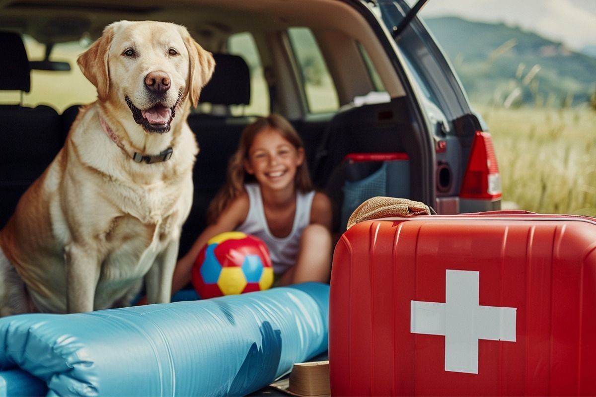 Labrador und lächelndes Kind sitzen im offenen Kofferraum eines Autos mit rotem Erste-Hilfe-Koffer und Reiseutensilien im Vordergrund.