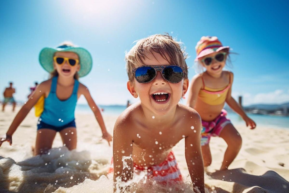 Drei Kinder am Strand lächeln breit in die Kamera.