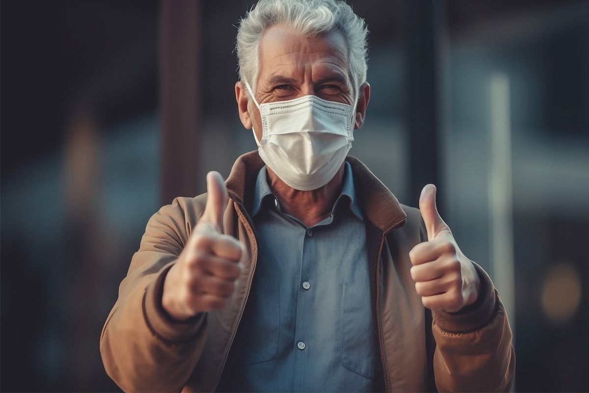 Mann mit einer Maske hält beide Daumen nach oben.