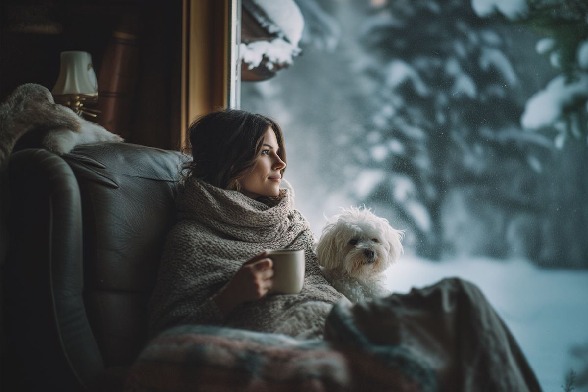 Innenansicht eines gemütlichen Wohnzimmers im Winter mit Schnee draußen.