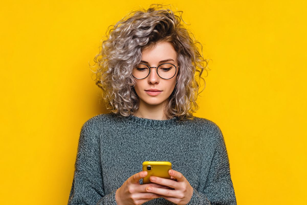 Junge Frau mit lockigem Haar, die ein Smartphone in der Hand hält, vor gelbem Hintergrund.
