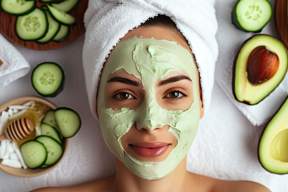 Frau mit einer grünen Gesichtsmaske und frischen Gurkenscheiben
