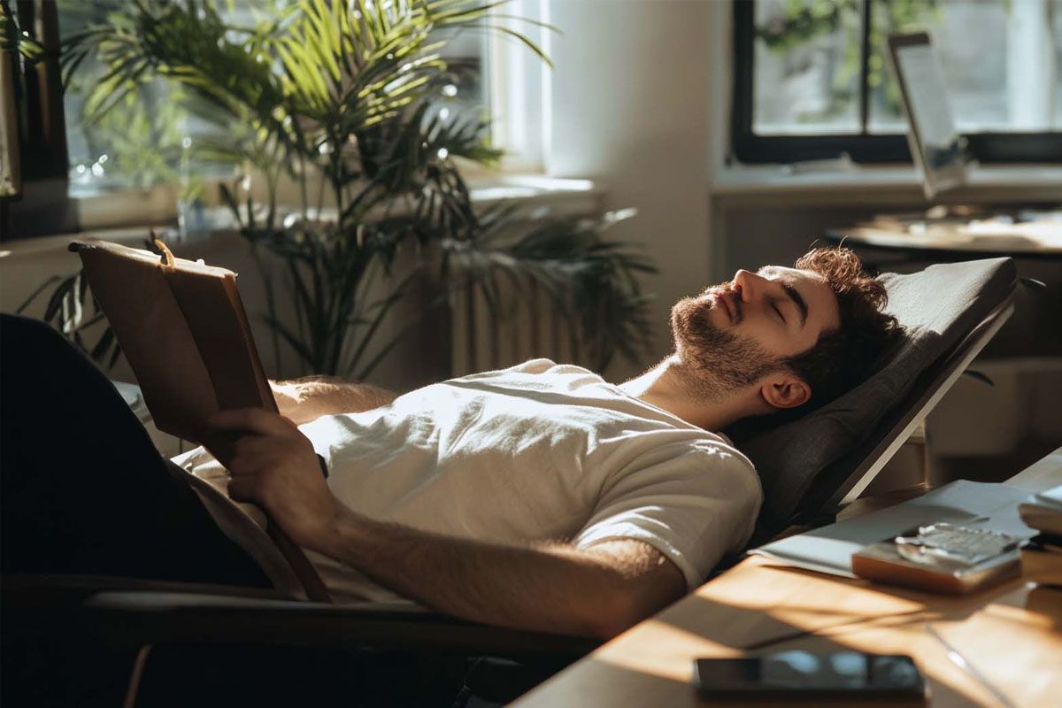 Ein entspannter Mann liest ein Buch in einem hellen Raum.