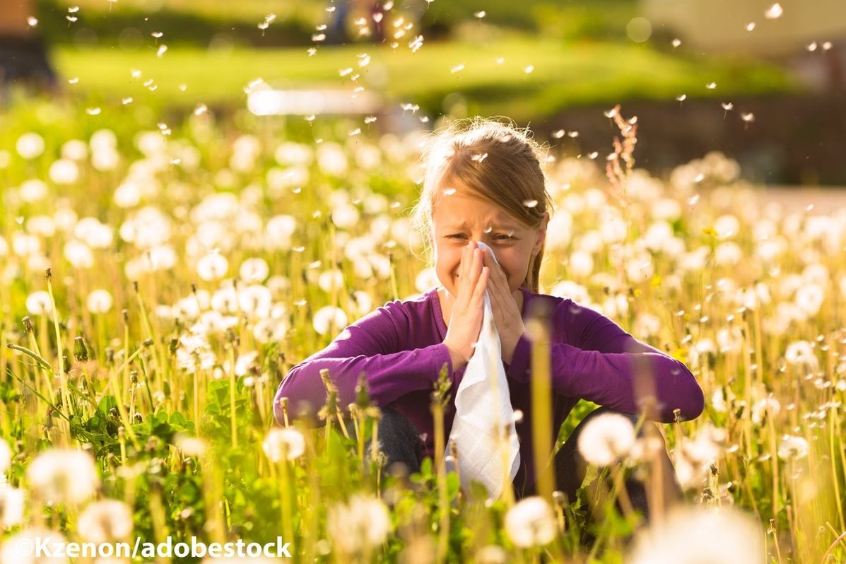 Ein Mädchen sitzt in einem Blumenfeld voller Löwenzahn und schnäuzt sich