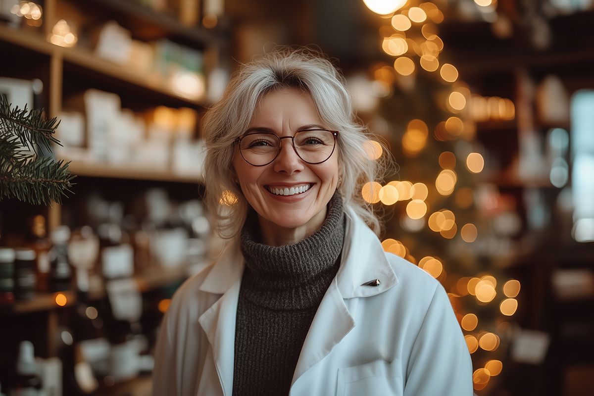 Eine lächelnde Ärztin in einem Geschäft mit Weihnachtsbeleuchtung