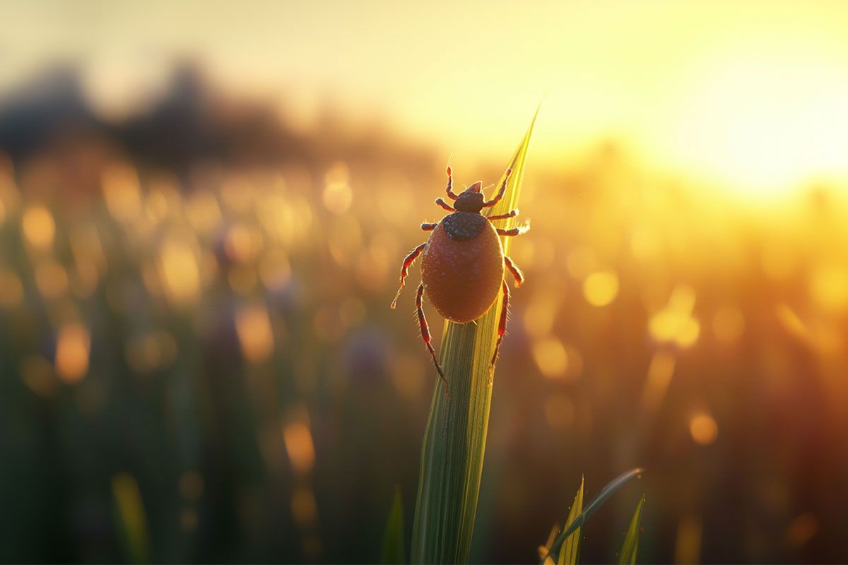 Eine Zecke sitzt auf einem Grashalm im Sonnenlicht.