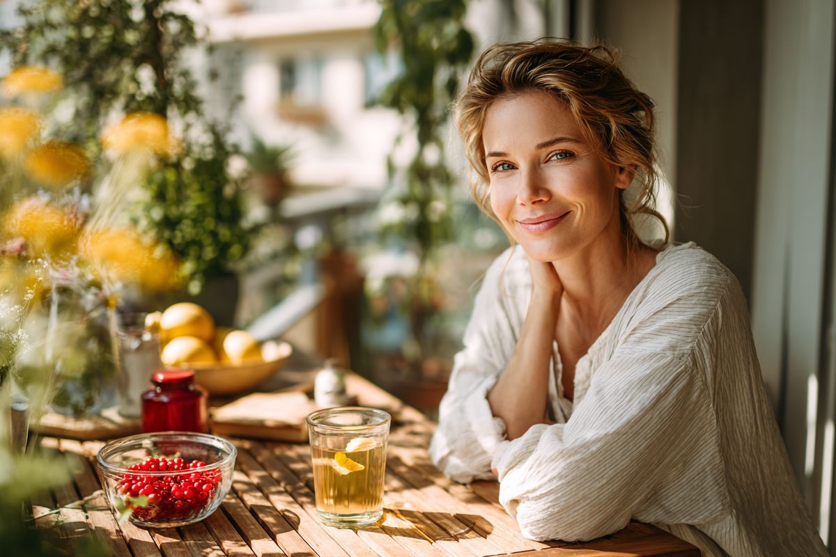 Eine Frau sitzt an einem Tisch mit einem Getränk und frischen Früchten.