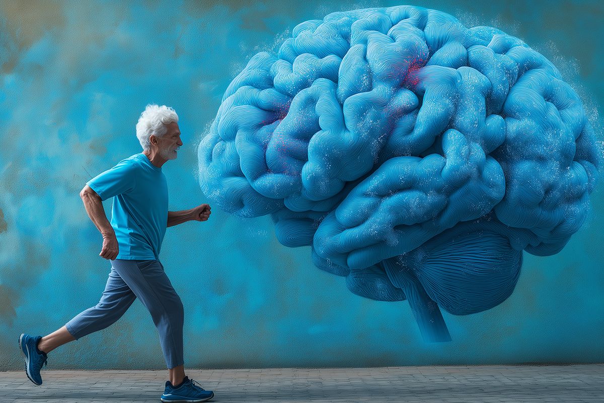 Ein älterer Mann läuft aktiv neben einer künstlerischen Darstellung eines Gehirns.